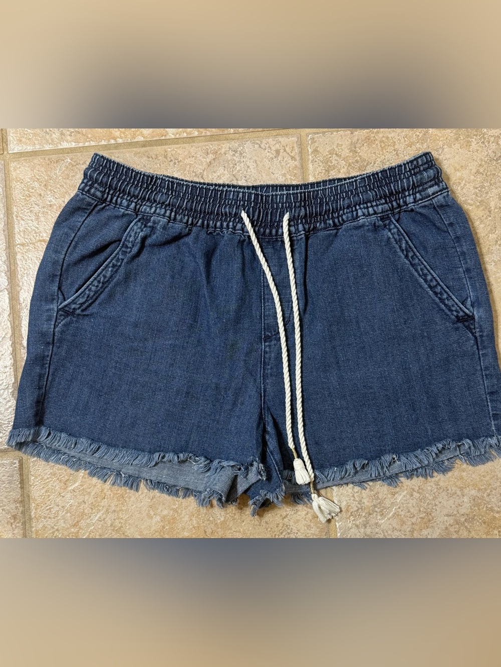 LOFT Indigo Elastic Drawstring Mid-Rise Fringe Hem Shorts - Lightweight fabric